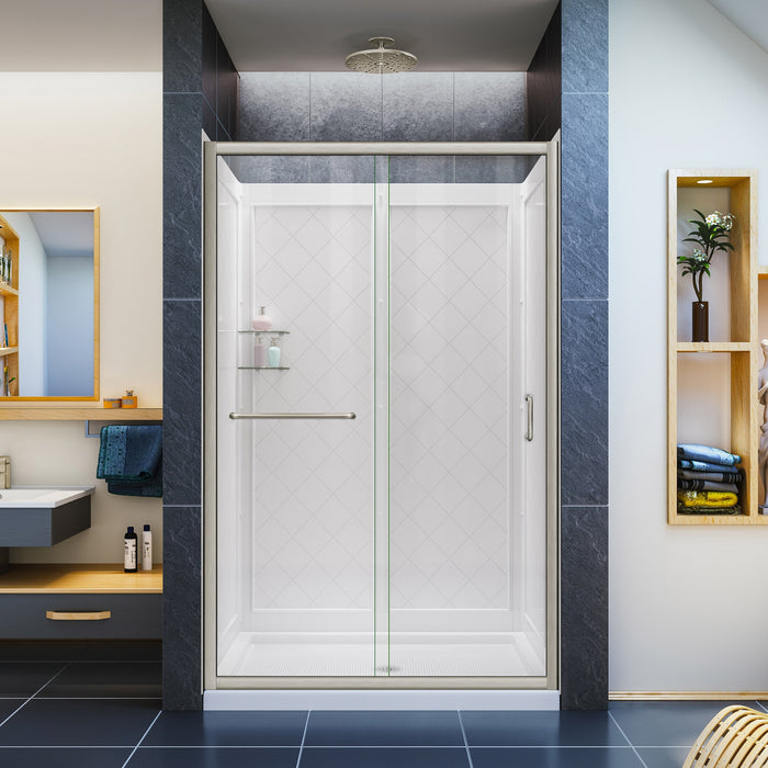 DreamLine DL-6107C-04CL Infinity-Z 36"D x 48"W x 76 3/4"H Clear Sliding Shower Door in Brushed Nickel, Center Drain Shower Base, and Backwalls