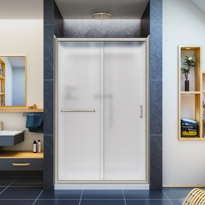 DreamLine DL-6107C-04FR Infinity-Z 36"D x 48"W x 76 3/4"H Frosted Sliding Shower Door in Brushed Nickel, Center Drain Base, Backwall