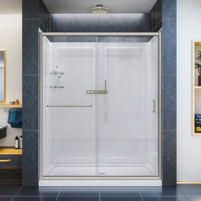 DreamLine DL-6119C-04CL Infinity-Z 36"D x 60"W x 76 3/4"H Clear Sliding Shower Door in Brushed Nickel, Center Drain Base and Backwalls