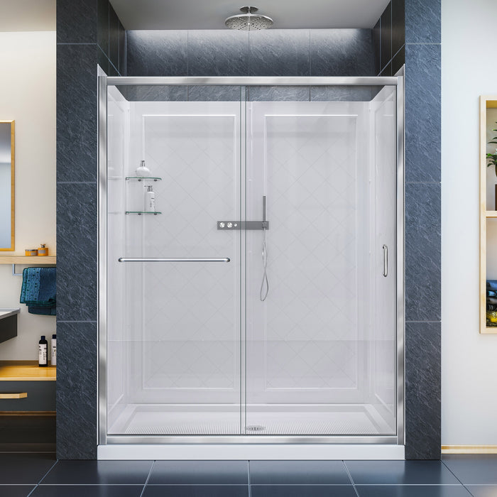 DreamLine DL-6117C-01CL Infinity-Z 32"D x 60"W x 76 3/4"H Clear Sliding Shower Door in Chrome, Center Drain Base and Backwalls