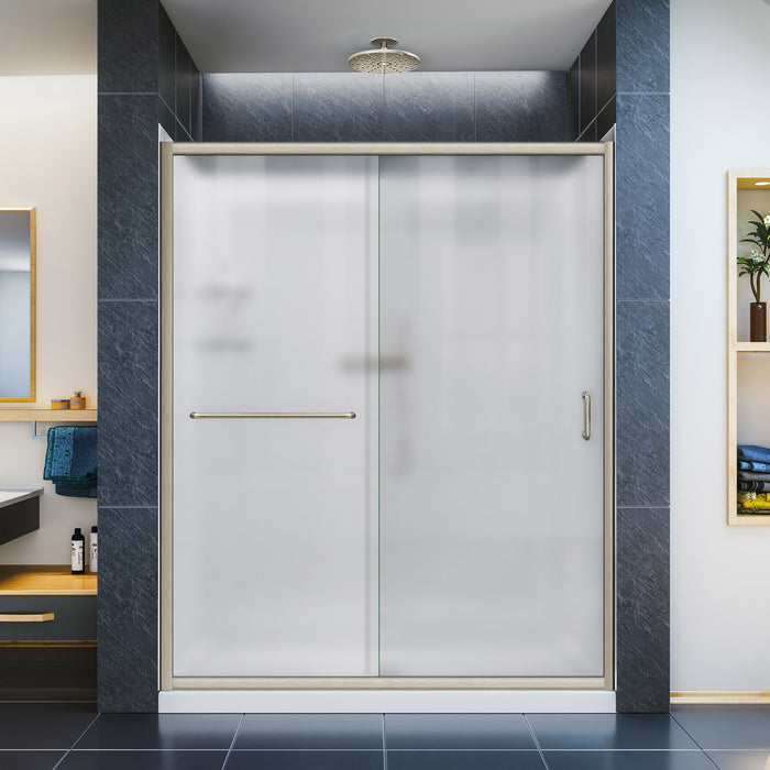 DreamLine DL-6116L-04FR Infinity-Z 30"D x 60"W x 76 3/4"H Frosted Sliding Shower Door in Brushed Nickel, Left Drain Base, Backwalls