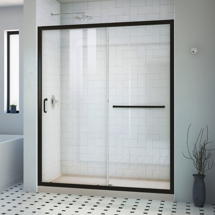 DreamLine DL6971CLC-22-09 Infinity-Z 32" D x 60" W x 74 3/4" H Clear Sliding Shower Door in Satin Black, Center Drain Biscuit Base