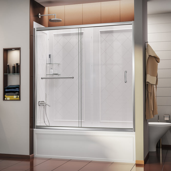 DreamLine DL-6992-01CL Infinity-Z 56-60"W x 60"H Clear Sliding Tub Door in Chrome with White Acrylic Backwall Kit