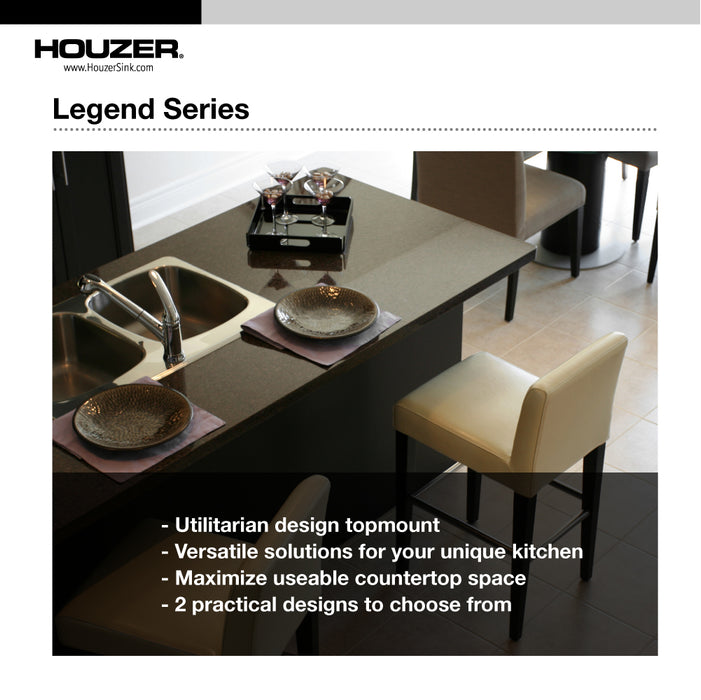 Houzer LCR-3221-1 Legend 32" Drop-in Topmount 4-Hole 50/50 Double Bowl Corner Kitchen Sink with Strainer