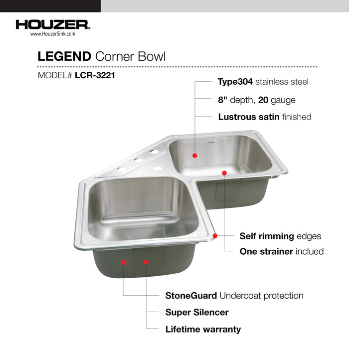 Houzer LCR-3221-1 Legend 32" Drop-in Topmount 4-Hole 50/50 Double Bowl Corner Kitchen Sink with Strainer