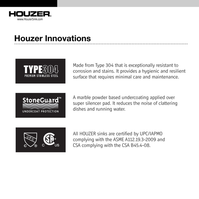 Houzer LCR-3221-1 Legend 32" Drop-in Topmount 4-Hole 50/50 Double Bowl Corner Kitchen Sink with Strainer