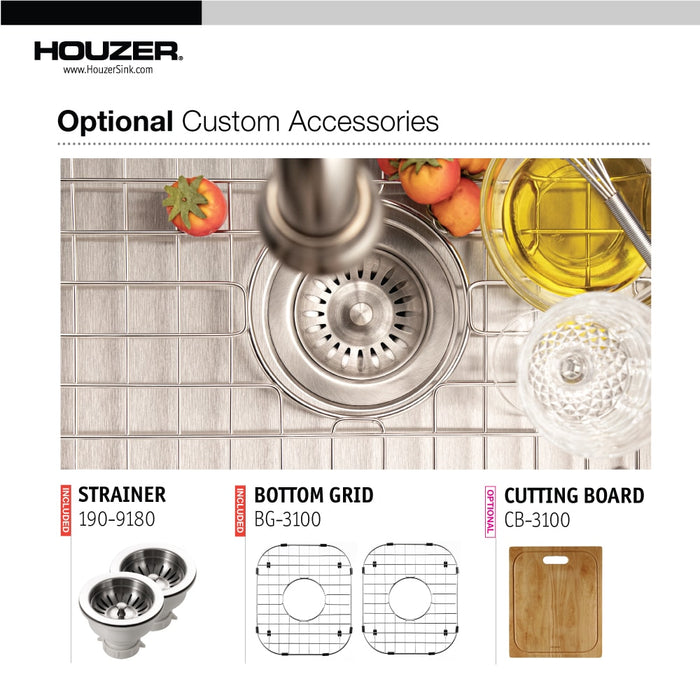 Houzer LCR-3221-C Legend 32" Topmount 4-Hole 50/50 Double Bowl Corner Kitchen Sink with Strainer & Grid