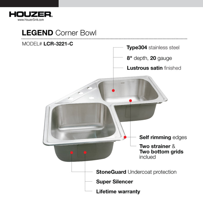 Houzer LCR-3221-C Legend 32" Topmount 4-Hole 50/50 Double Bowl Corner Kitchen Sink with Strainer & Grid