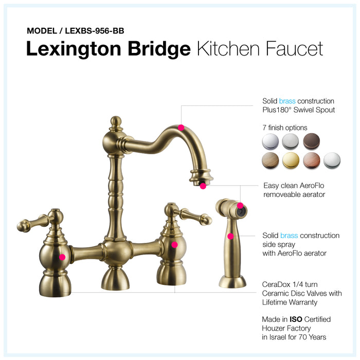 Houzer LEXBS-956-BB Lexington Series Brushed Brass Dual Handle Bridge Kitchen Faucet with Sidespray