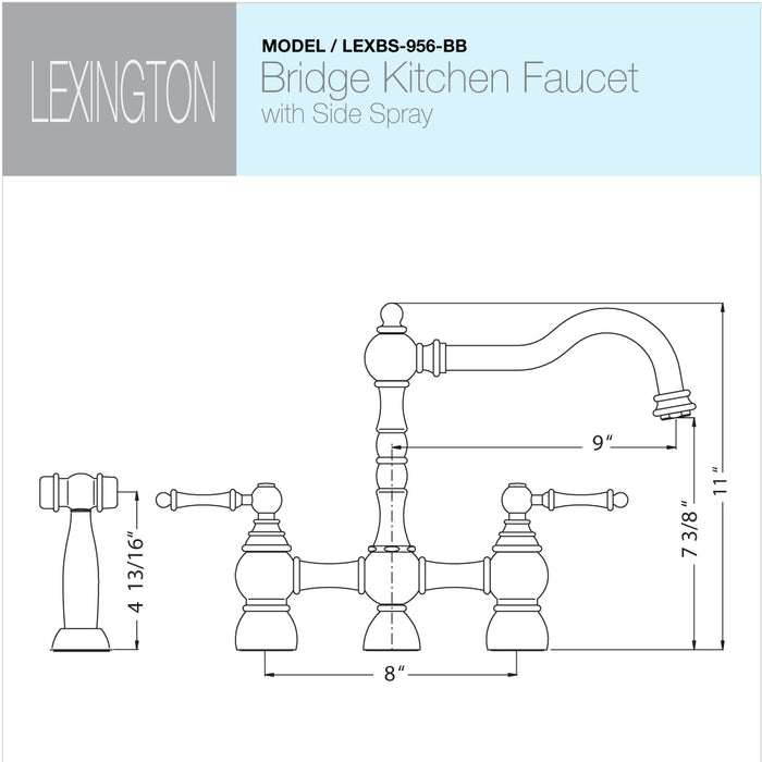 Houzer LEXBS-956-BB Lexington Series Brushed Brass Dual Handle Bridge Kitchen Faucet with Sidespray