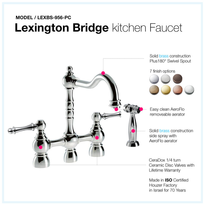 Houzer LEXBS-956-PC Lexington Series Polished Chrome Dual Handle Bridge Kitchen Faucet with Sidespray