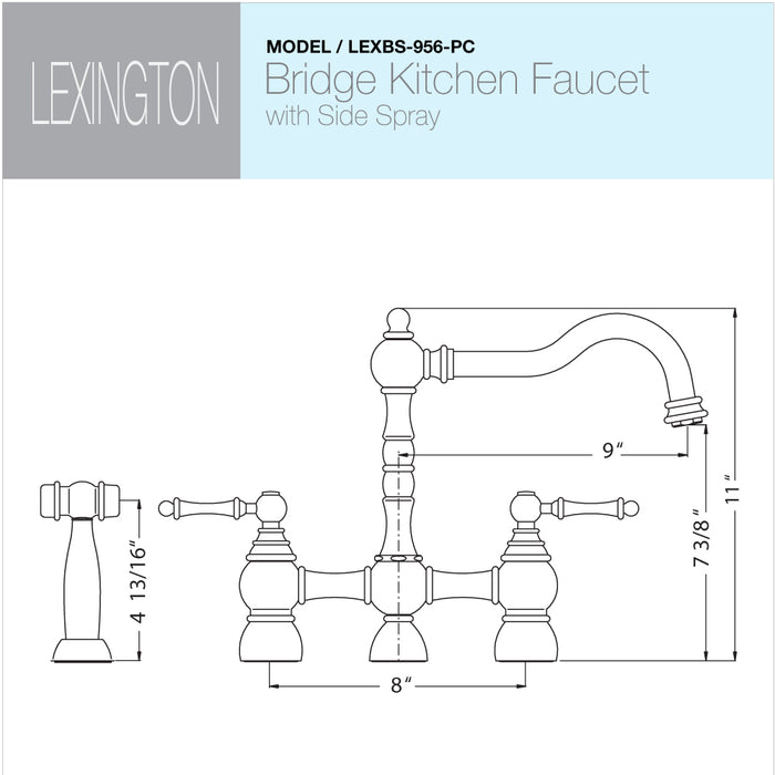 Houzer LEXBS-956-PC Lexington Series Polished Chrome Dual Handle Bridge Kitchen Faucet with Sidespray