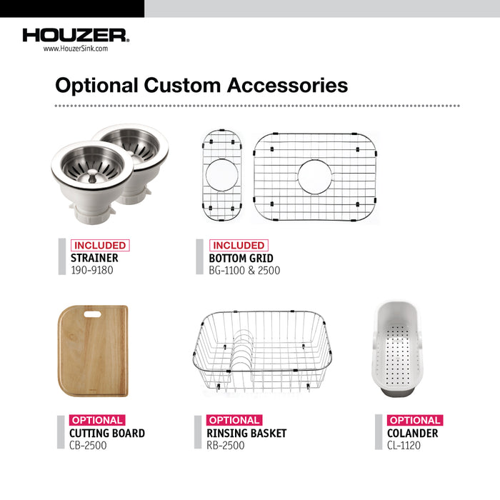 Houzer LHD-3322-C Legend 33" Stainless Steel Topmount 4-Hole 80/20 Double Bowl Kitchen Sink with Strainer & Grids