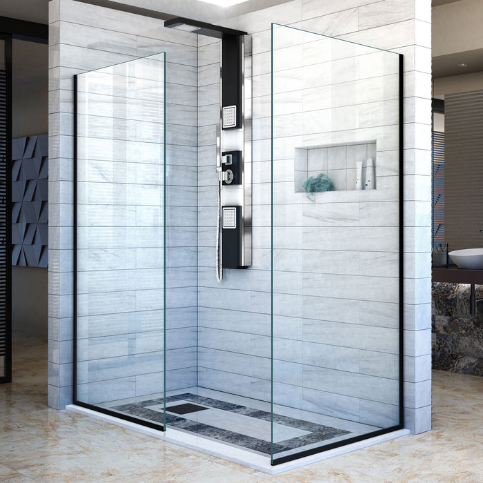DreamLine SHDR-3230342-09 Linea Two Individual Frameless Shower Screens 34" and 30"W x 72"H, Open Entry Design in Satin Black