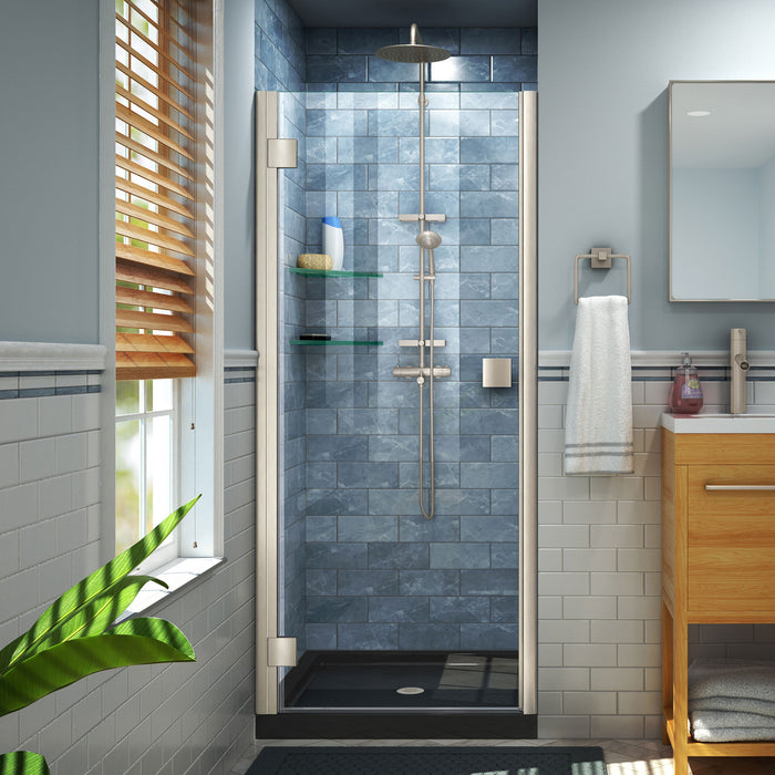 DreamLine DL-533242-88-04 Lumen 32"D x 42"W x 74 3/4"H Hinged Shower Door in Brushed Nickel with Black Base Kit