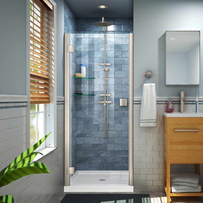 DreamLine DL-533242-04 Lumen 32"D x 42"W x 74 3/4"H Hinged Shower Door in Brushed Nickel with White Base Kit
