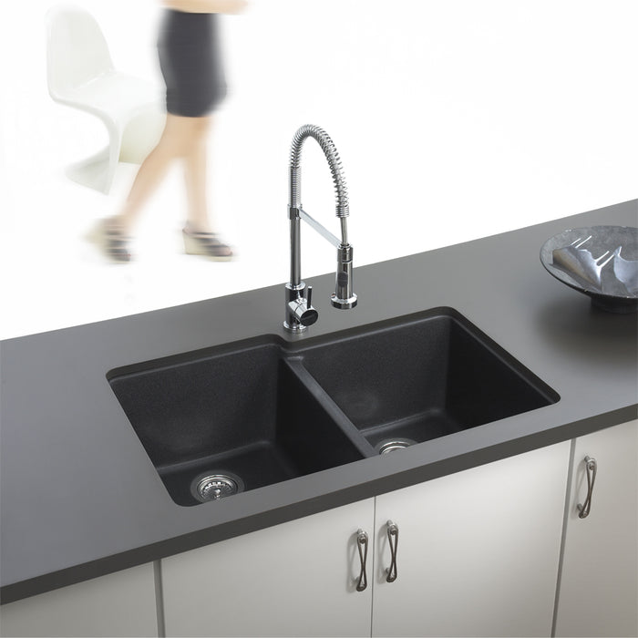 Houzer M-175U MIDNITE Quartztone 33" Midnite Granite Composite Undermount 60/40 Double Bowl Kitchen Sink