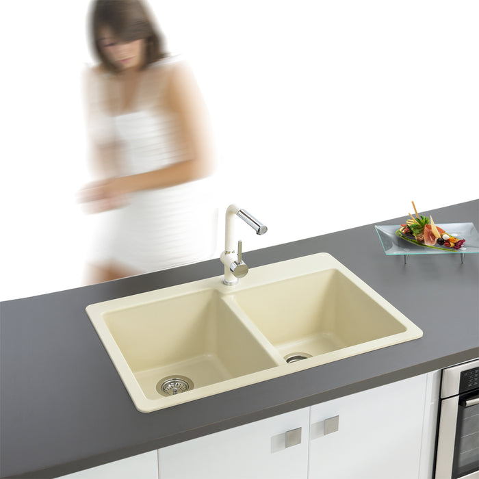 Houzer M-175 SAND Quartztone 33" Sand Granite Composite Drop-in Topmount 60/40 Double Bowl Kitchen Sink
