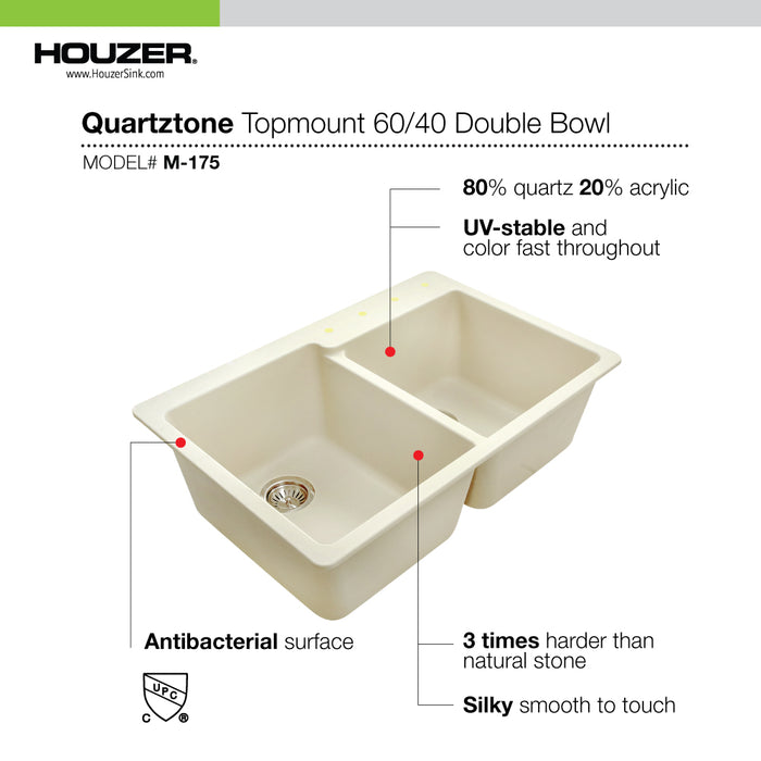 Houzer M-175 SAND Quartztone 33" Sand Granite Composite Drop-in Topmount 60/40 Double Bowl Kitchen Sink