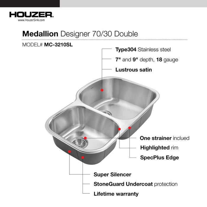Houzer MC-3210SL-1 Medallion 32" Undermount 70/30 Double Bowl Kitchen Sink with Strainers & Colander