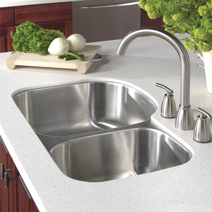 Houzer MC-3210SR-1 Medallion 32" Undermount 70/30 Double Bowl Kitchen Sink with Strainers & Colander