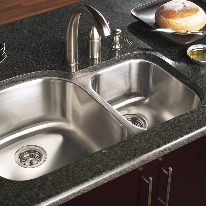 Houzer MC-3210SR-1 Medallion 32" Undermount 70/30 Double Bowl Kitchen Sink with Strainers & Colander