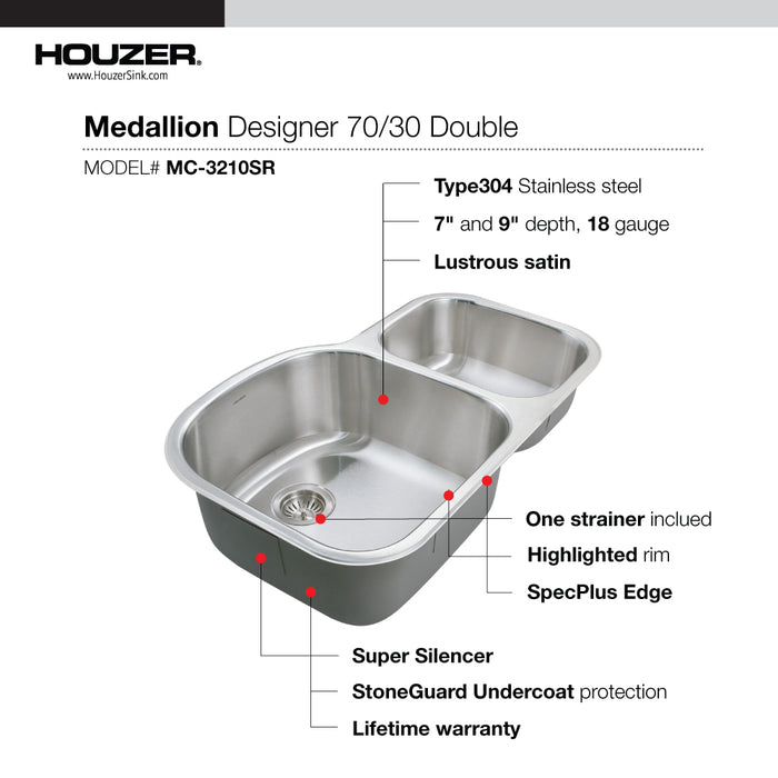 Houzer MC-3210SR-1 Medallion 32" Undermount 70/30 Double Bowl Kitchen Sink with Strainers & Colander