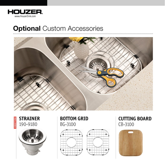 Houzer MD-3109-1 Medallion 31" Undermount 50/50 Double Bowl Kitchen Sink with Strainer