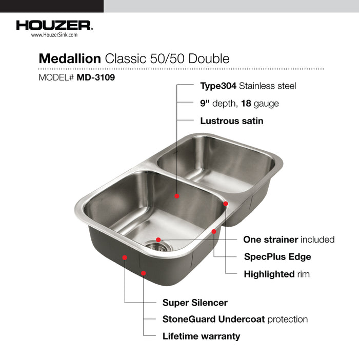 Houzer MD-3109-1 Medallion 31" Undermount 50/50 Double Bowl Kitchen Sink with Strainer