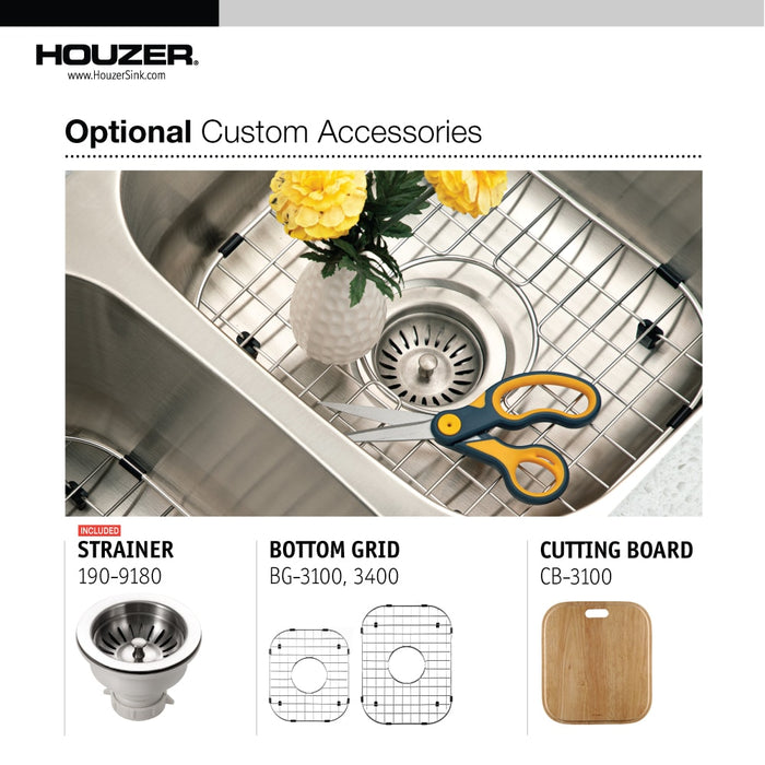 Houzer MEC-3220SL-1 Medallion 32" Undermount 60/40 Double Bowl Kitchen Sink with Bowl with Strainers