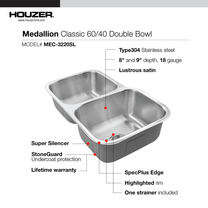 Houzer MEC-3220SL-1 Medallion 32" Undermount 60/40 Double Bowl Kitchen Sink with Bowl with Strainers