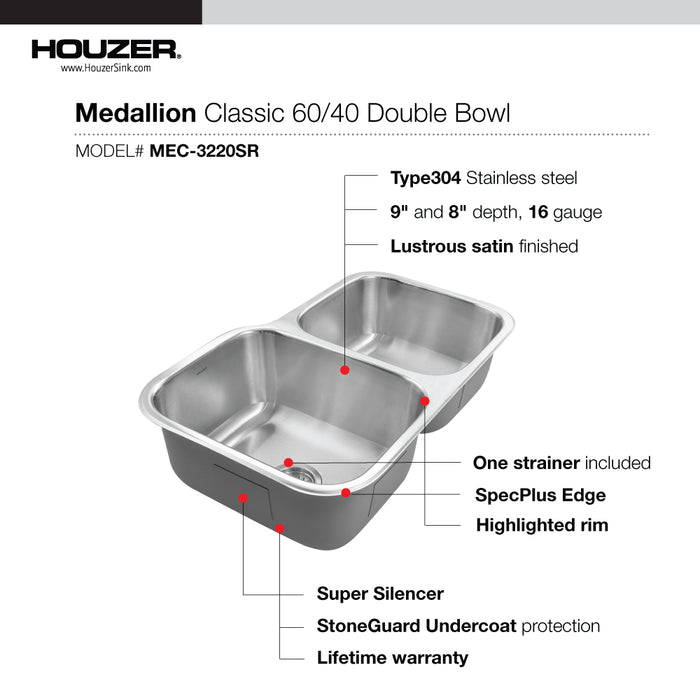 Houzer MEC-3220SR-1 Medallion Classic 32" Undermount 60/40 Double Bowl with Bowl Kitchen Sink with Strainers