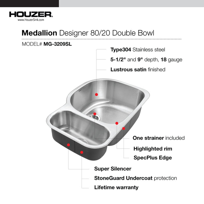 Houzer MG-3209SL-1 Medallion 32" Undermount 80/20 Double Bowl Kitchen Sink with Strainers & Colander