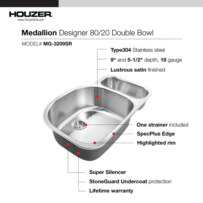 Houzer MG-3209SR-1 Medallion 32" Undermount 80/20 Double Bowl Kitchen Sink with Strainers & Colander
