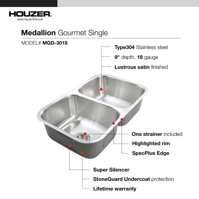 Houzer MGD-3120-1 Medallion Gourmet 31" Undermount 50/50 Double Bowl Kitchen Sink with Strainers