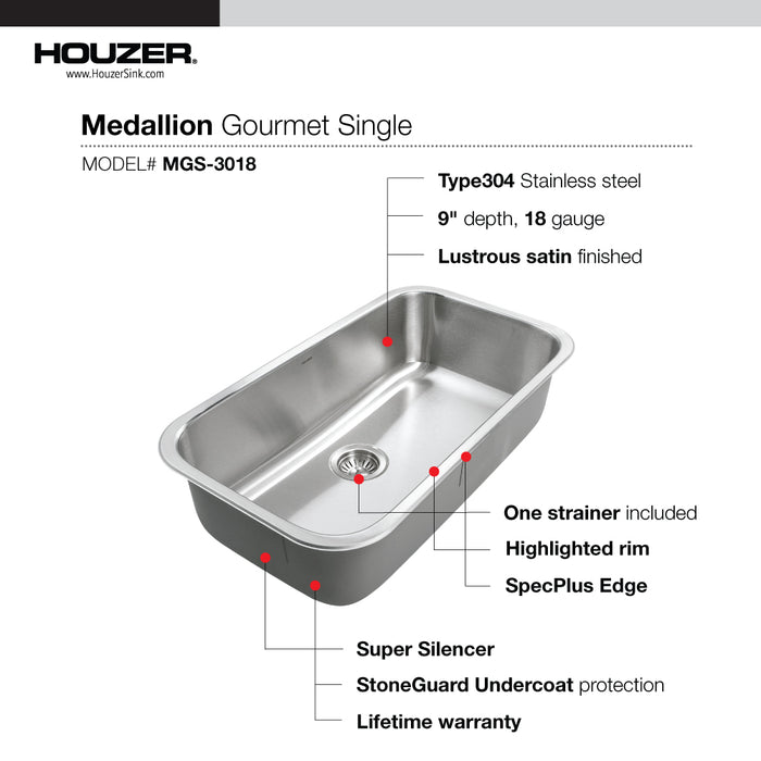Houzer MGS-3018-1 Medallion 31" Undermount Single Bowl Kitchen Sink with Strainer