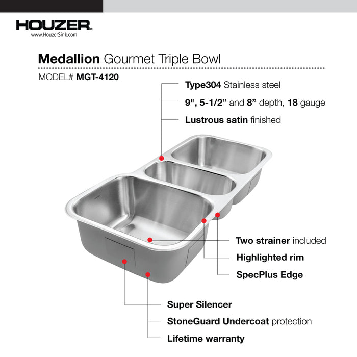 Houzer MGT-4120-1 Medallion 40" Undermount Triple Bowl Kitchen Sink with Strainers