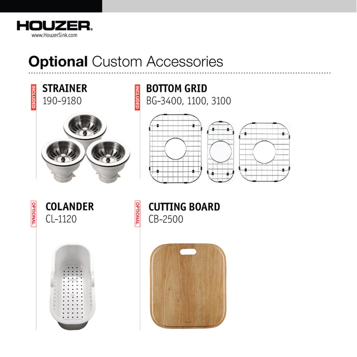 Houzer MGT-4120-C Medallion 40" Undermount Triple Bowl Kitchen Sink with Strainers & Grids