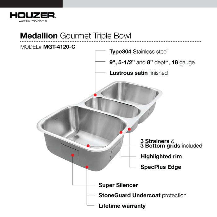 Houzer MGT-4120-C Medallion 40" Undermount Triple Bowl Kitchen Sink with Strainers & Grids