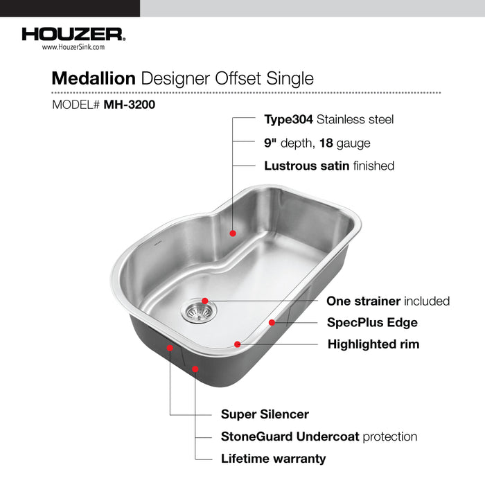 Houzer MH-3200-1 Medallion Designer 32" Undermount Offset Single Bowl Kitchen Sink with Strainer