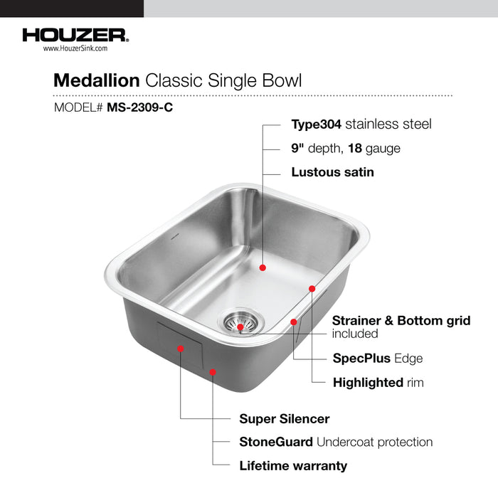 Houzer MS-2309-C Medallion Classic 23" Undermount Single Bowl Kitchen Sink with Strainer& Grid