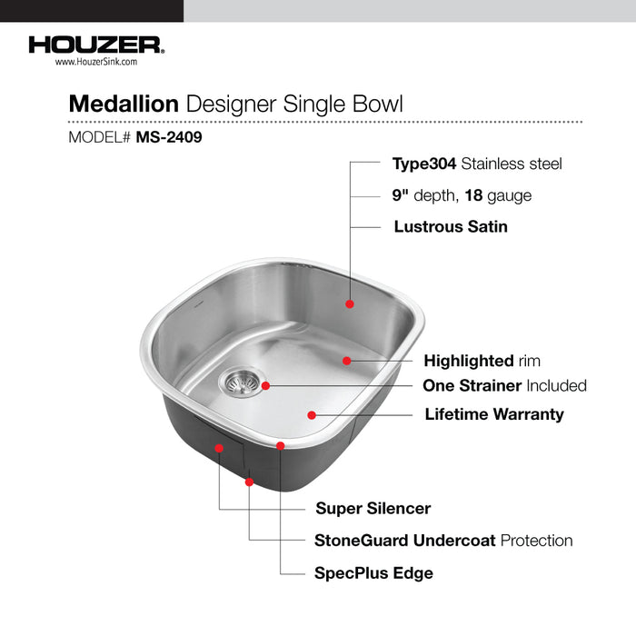 Houzer MS-2409-1 Medallion Designer 24" Undermount Single D Bowl Kitchen Sink with Strainer
