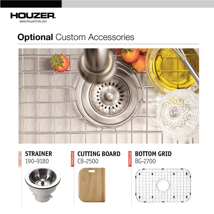 Houzer MS-2700-1 Medallion Designer 27" Undermount Single D Bowl Kitchen Sink with Strainer