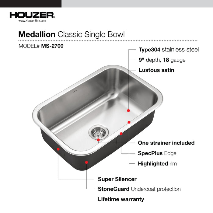 Houzer MS-2700-1 Medallion Designer 27" Undermount Single D Bowl Kitchen Sink with Strainer