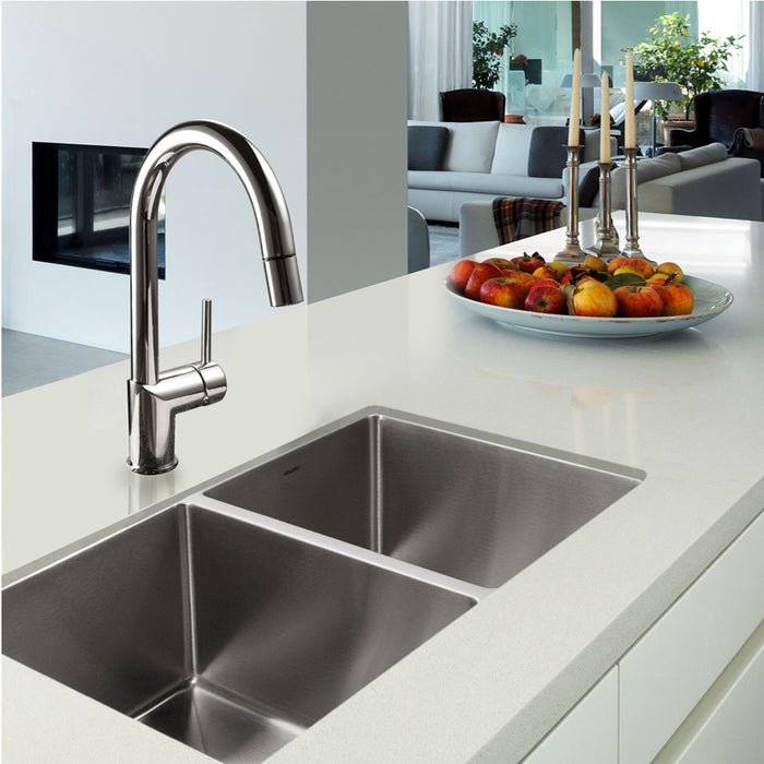 Houzer NOD-4200-1 Nouvelle 31" Undermount 50/50 Double Bowl Kitchen Sink with Strainer & Grid