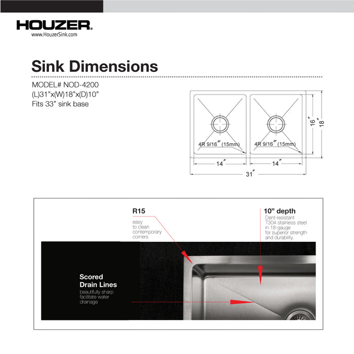 Houzer NOD-4200-1 Nouvelle 31" Undermount 50/50 Double Bowl Kitchen Sink with Strainer & Grid