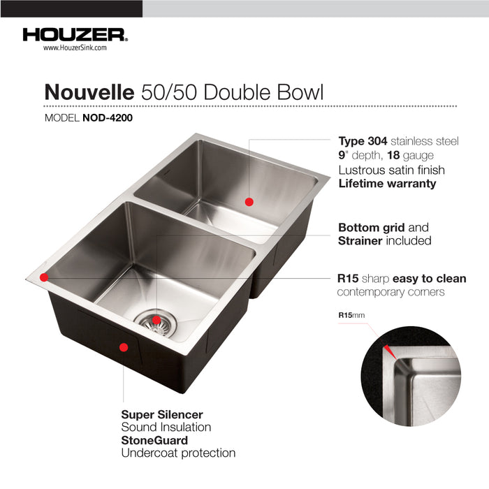 Houzer NOD-4200-1 Nouvelle 31" Undermount 50/50 Double Bowl Kitchen Sink with Strainer & Grid
