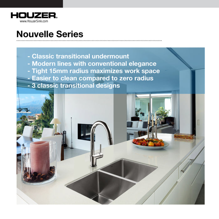 Houzer NOD-4200-1 Nouvelle 31" Undermount 50/50 Double Bowl Kitchen Sink with Strainer & Grid