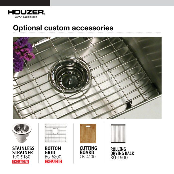 Houzer NOD-4200-1 Nouvelle 31" Undermount 50/50 Double Bowl Kitchen Sink with Strainer & Grid