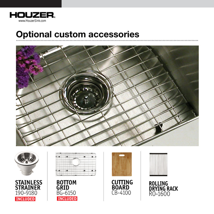 Houzer NOG-4150-1 Nouvelle 31" Undermount Single Bowl Kitchen Sink with Strainer & Grid
